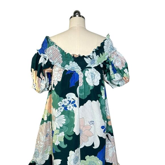 Cara Cara Zinnia Green Floral Off the Shoulder Midi Dress| Size 6 - Picture 8 of 11